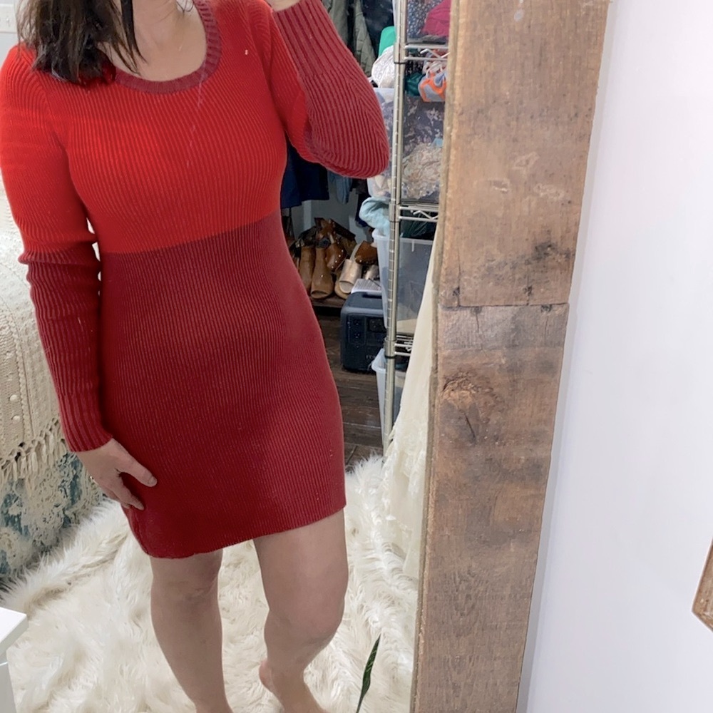 Boden Two-Tone Red Ribbed Long-Sleeve Sweater Dress
